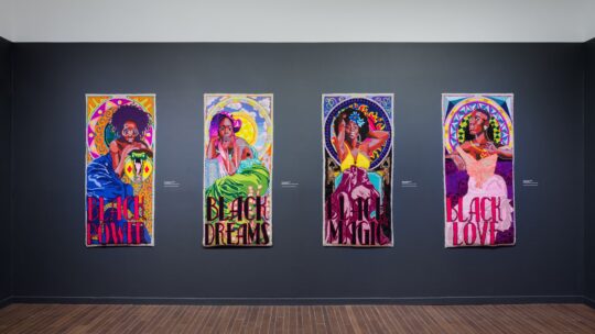 Simone Elizabeth Saunders, The Four Queens. Installation from UNITY, the Textile Museum of Canada, 2023. Each 165cm x 76cm (65" x 30"). Hand tufting. Velvet and acrylic yarn on rug warp. Photo: Darren Rigo.
