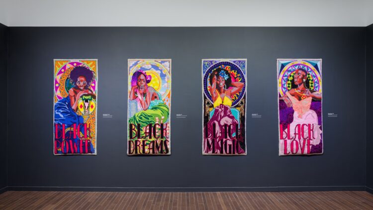 Simone Elizabeth Saunders, The Four Queens. Installation from UNITY, the Textile Museum of Canada, 2023. Each 165cm x 76cm (65" x 30"). Hand tufting. Velvet and acrylic yarn on rug warp. Photo: Darren Rigo.