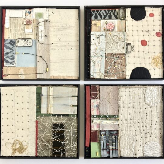 Louise Baldwin, Temporary Condition, 2021. Each piece is 10cm x 10cm (4" x 4"). Improvised hand stitch, staples, binding, assemblage. Wool felt, wire, pegs, beads, salvaged fabric, wood, metal old book covers.