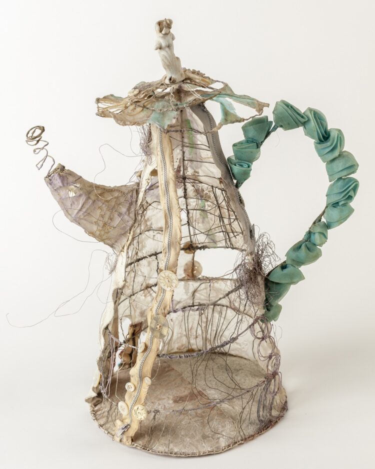Priscilla Edwards, Polly Put the Kettle On!, 2005. 45cm x 25cm (18" x 10"). Hand stitch, hand manipulated wire. Wire, silk, wax, rayon thread, paint, lace, zips, buttons, found materials. Photo: Mark Davis.