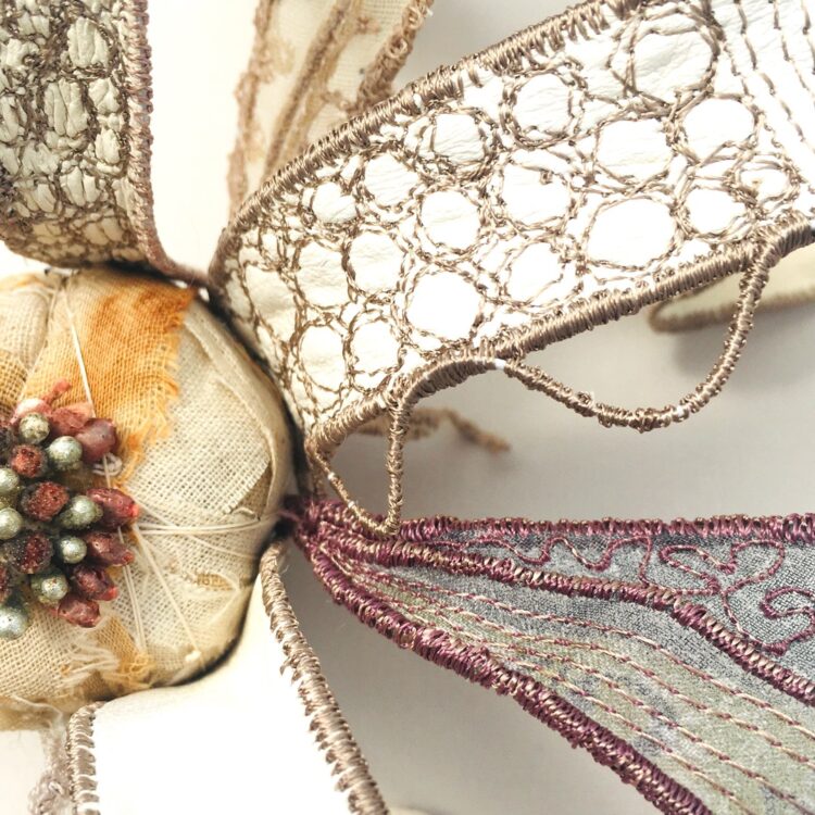 Priscilla Edwards, Chatelaine, 2022. 18cm x 42cm (7" x 16"). Free machine embroidery, hand stitch, hand manipulated wire. Wire, leather, rayon thread, silk, cotton, found materials, beads.