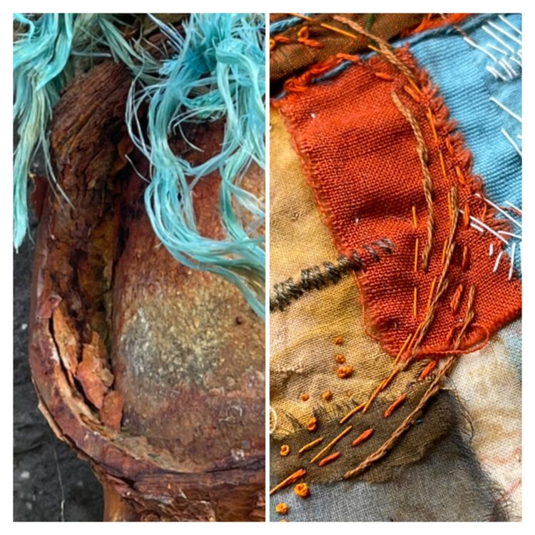 Rachael Singleton, Stitching in Ireland Memory Cloth (detail), 2021. Carrigahoit post reference photo (left) and stitched interpretation (right). 16cm x 45cm (6" x 18"). Hand stitch. Calico, natural fabrics. 