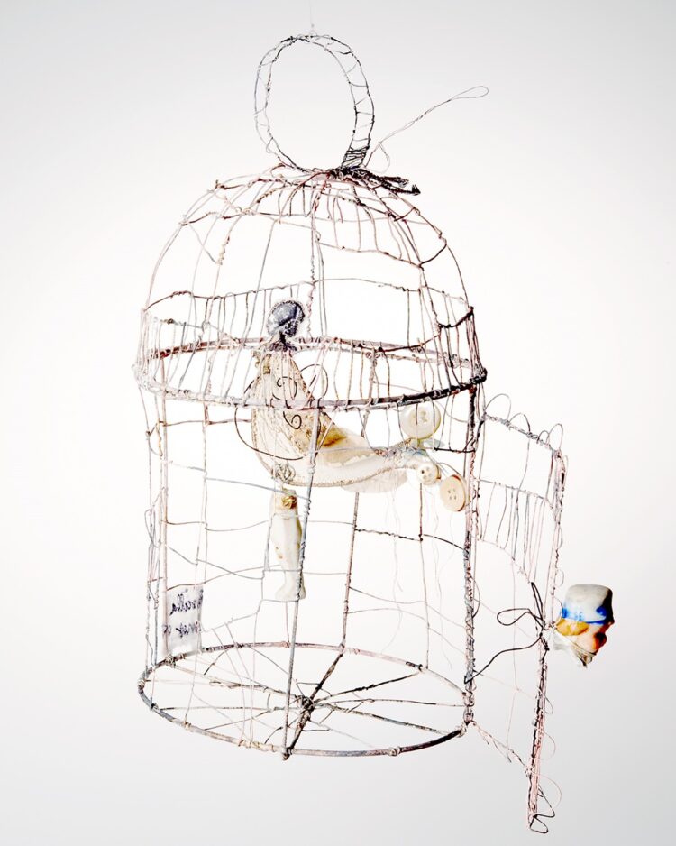 Priscilla Edwards, Ladybird, 2009. 26cm x 17cm (10" x 7"). Free machine embroidery, screen-print, hand manipulated wire. Wire, silk, leather, buttons, paint, found materials.