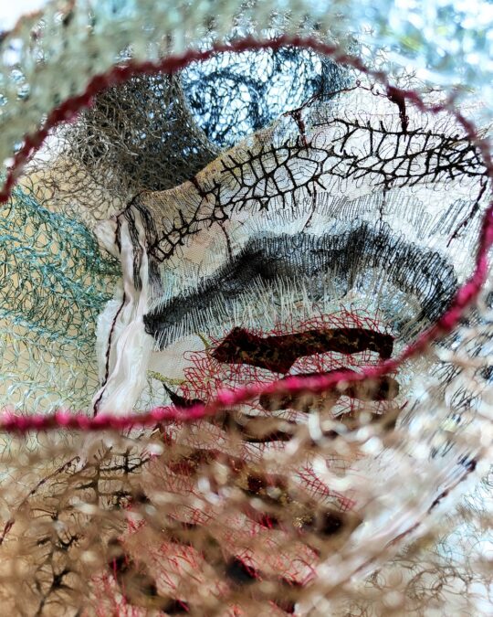 Olga Teksheva, Hidden Treasures (detail), 2021-ongoing. 5m x 5m x 5m (16' x 16' x 16'). Crochet, hand embroidery, textile collage. Fishing thread, metal wire, chiffon, lace, vintage Japanese brocades.