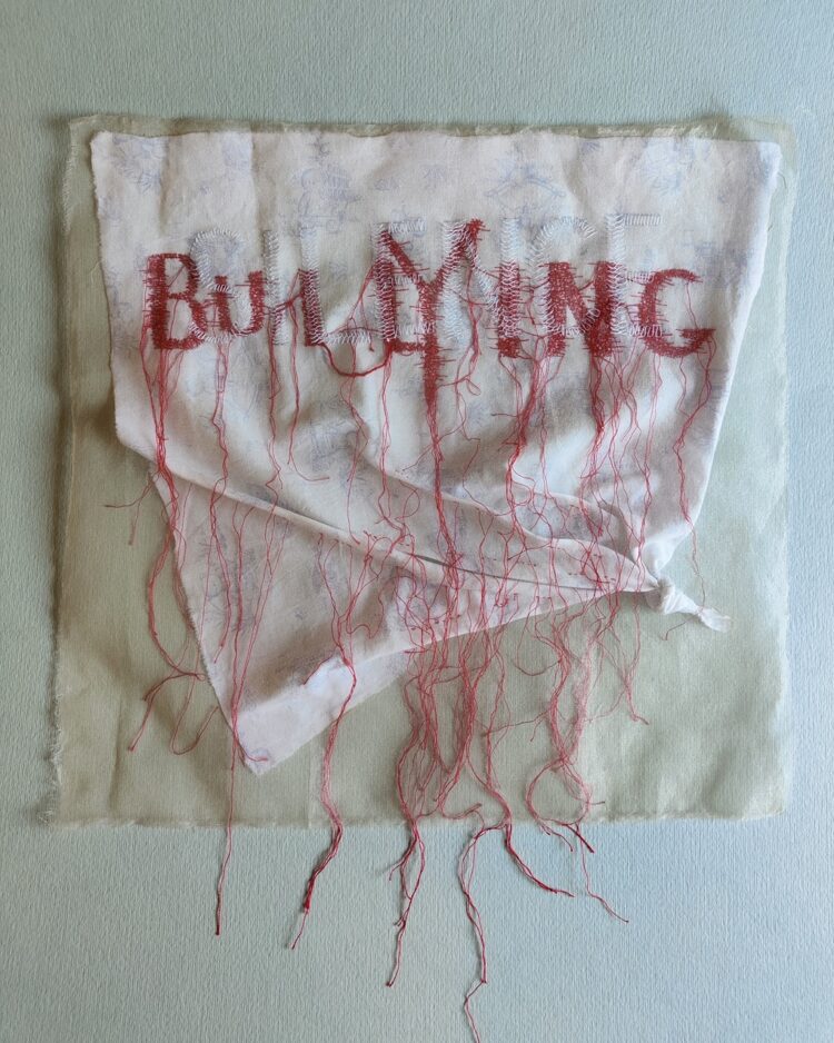 Olga Teksheva, Silence Covers Violence, 2023. 40cm x 45cm (16" x 18"). Hand embroidery. Cotton, chiffon, wooden reinforcement structure.