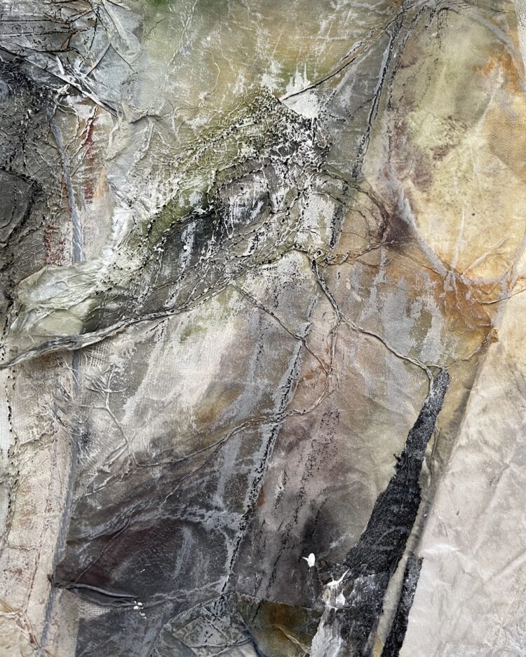 Rachael Singleton, Song of the Stone Wall stone texture, 2023. Hand and machine stitch, fabric-paper construction, various treatments. Muslin, wet-strength papers, acrylic paint, PVA, thread, yarn.