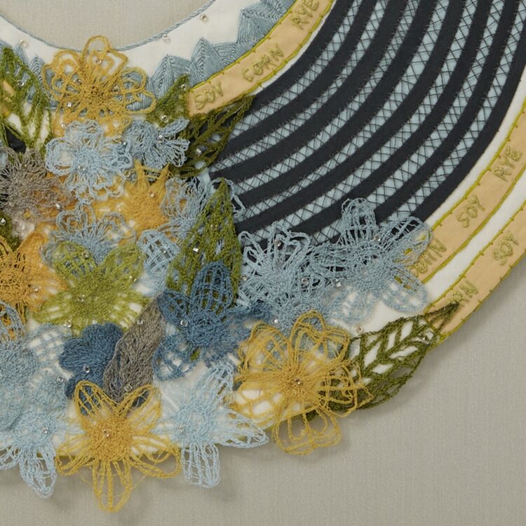 Lindsay Olson, Smart Wetland (detail), 2023. 25cm x 25cm (10" x 10"). Embroidery, appliqué. Cotton thread, cotton fabrics. Photo: Cindy Trim.