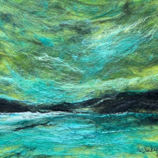 Moy Mackay, Loch Sunart, 2022. 40cm x 40cm (16" x 16"). Felt, stitch. Merino fibres, thread.