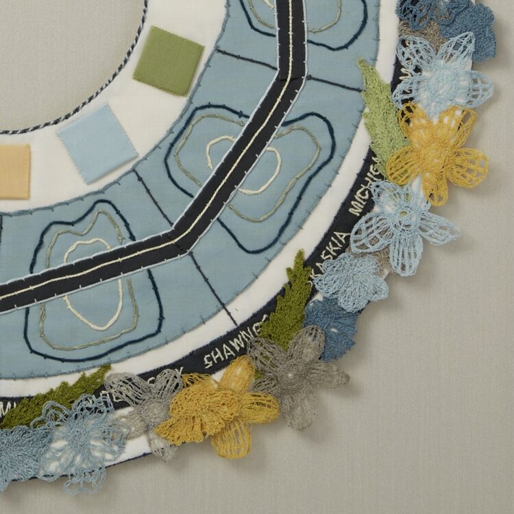 Lindsay Olson, Calumet Region III (detail), 2023. 25cm x 25cm (10" x 10"). Embroidery, appliqué. Cotton thread, cotton fabrics. Photo: Cindy Trim.