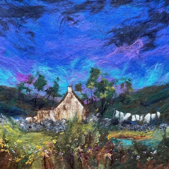Moy Mackay, Drying Day At Shepherd’s Cottage, 2022. 86cm x 86cm (34" x 34"). Felt, stitch. Merino fibres, thread.
