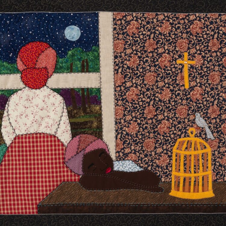 Stephen Towns, Somebody’s Knocking at Your Door, from A Songbook Remembered collection,
2020. 99cm x 125cm (39" x 49"). Quilting. Natural and synthetic fabric, polyester and cotton threads.