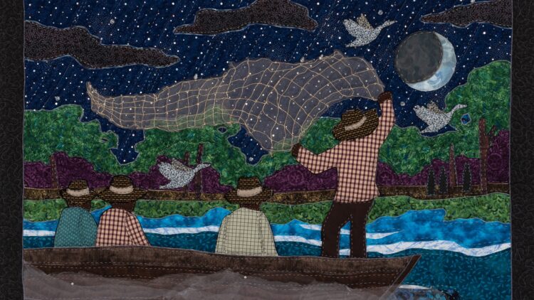 Stephen Towns, We Shall Become Fishers of Men, from The Night Light Fell From the Sky collection, 2019. 86cm x 114cm (34" x 45"). Quilting. Natural and synthetic fabric, polyester and cotton thread, crystal glass beads.
