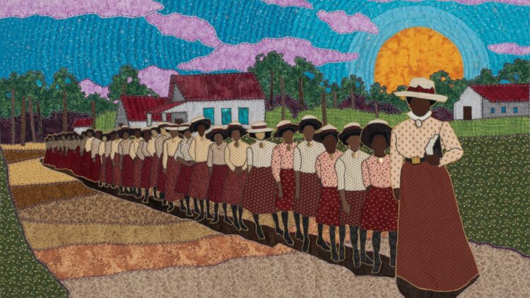 Stephen Towns, Mary McLeod Bethune, from the Declaration & Resistance collection, 2021. 163cm x 112cm (64" x 44"). Quilting. Natural and synthetic fabric, polyester and cotton thread, crystal glass beads, metal and resin buttons. 