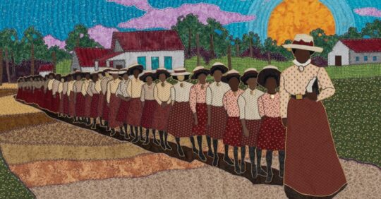 Stephen Towns, Mary McLeod Bethune (detail), from the Declaration & Resistance collection, 2021. 163cm x 112cm (64" x 44"). Quilting. Natural and synthetic fabric, polyester and cotton thread, crystal glass beads, metal and resin buttons.