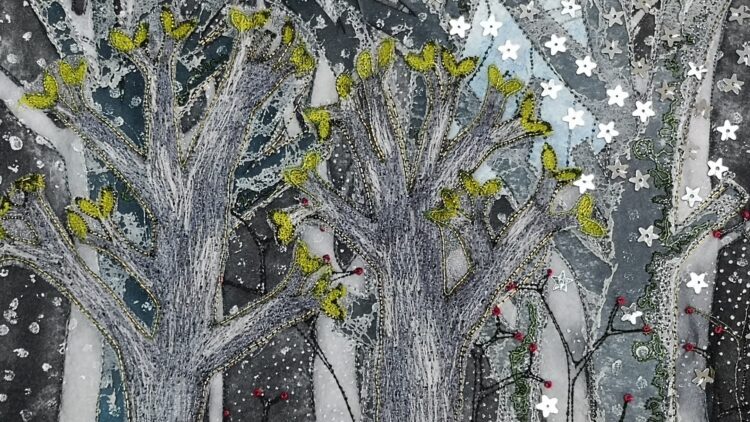 Angie Hughes, Into the Woods, 2023. 25cm x 15cm (10" x 6"). Machine and hand stitch.
Pelmet interfacing, Lutradur, sequins, beads, organza.