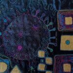 Angie Hughes, Klimt, 2021. 30cm x 21cm (12" x 8"). Machine embroidery, foil transfer. Black cotton velvet, organza.