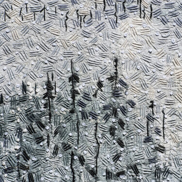 Mary Beth Schwartzenberger, First Snow (detail), 2016. 102cm x 89cm (40" x 35"). Painting and embroidery. Kyoseishi paper, acrylic paint, DMC stranded embroidery cotton. Photo: Zarek Dietz.