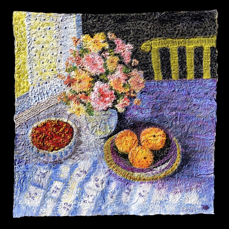 Mary Beth Schwartzenberger, Tea Time, 2021. 63cm x 63cm (25" x 25"). Painting, embroidery. Kyoseishi paper, acrylic paint, DMC stranded embroidery cotton. Photo: Zarek Dietz.
