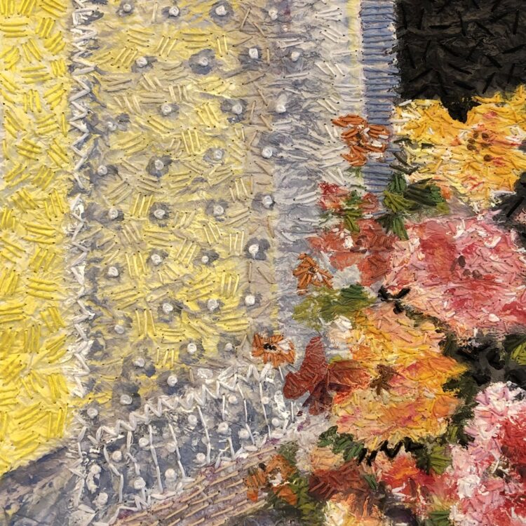 Mary Beth Schwartzenberger, Tea Time (detail), 2021. 63cm x 63cm (25" x 25"). Painting, embroidery. Kyoseishi paper, acrylic paint, DMC stranded embroidery cotton. Photo: Zarek Dietz.