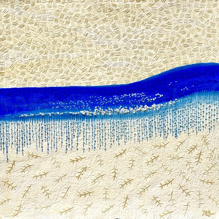 Mary Beth Schwartzenberger, Blue Wave, 2021. 63cm x 63cm (25" x 25"). Painting, embroidery. Kyoseishi paper, acrylic paint, DMC stranded embroidery cotton. Photo: Zarek Dietz
