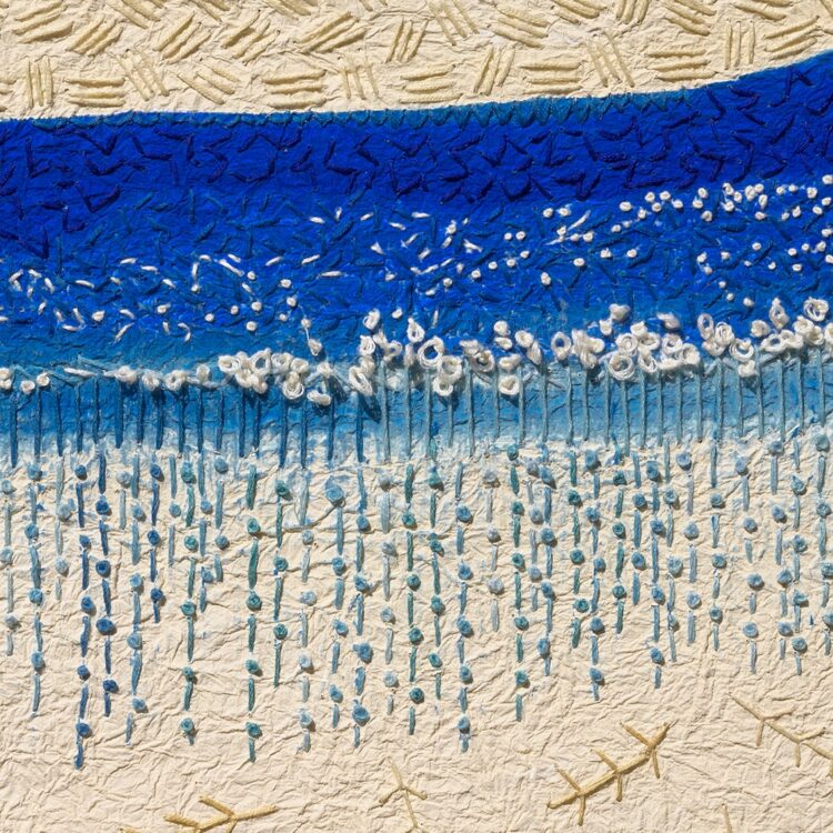 Mary Beth Schwartzenberger, Blue Wave (detail), 2021. 63cm x 63cm (25" x 25"). Painting, embroidery. Kyoseishi paper, acrylic paint, DMC stranded embroidery cotton. Photo: Zarek Dietz.