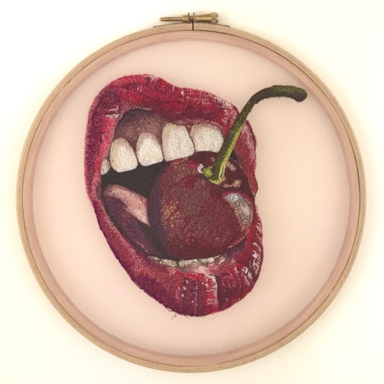 Alison Carpenter-Hughes, A Bite of the Cherry, 2020. 23cm (9") diameter. Free motion embroidery. Thread on chiffon.