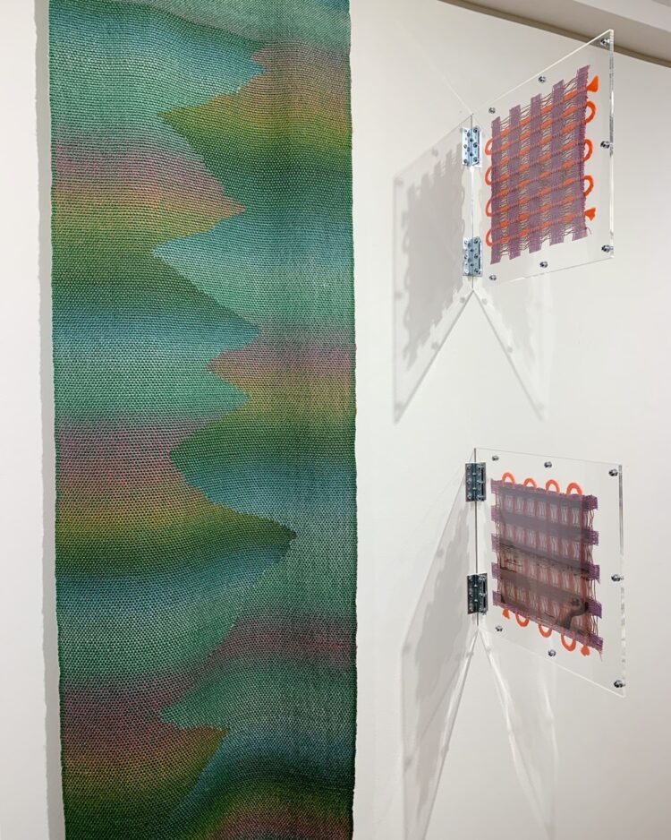 Left: Johanna Norry, Sapelo Dreams: Asleep in a Live Oak, 2023. 43cm x 152cm (17" x 60"). Hand weaving. Cotton and wool yarn. Right: Amanda Britton, Hereditary Smoker Series, 2023, 30cm x 30cm (12" x 12") each. Digital printing, weaving. Digitally printed vellum, plexiglass, cotton yarn, wool roving.