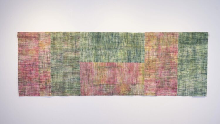 Johanna Norry, Sometimes, It Just Fits, 2023. 76cm x 18cm (30" x 7"). Hand weaving, hand dyeing, piecing. Hand woven organic cotton warp and weft.