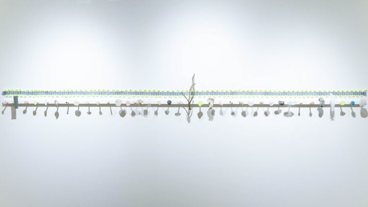 Amanda Britton, A Sea of Sinister Dots, 2023. 274cm x 3cm (9' x 1"). Assemblage. Cotton, wool, shells, resin, coral, cigarette.