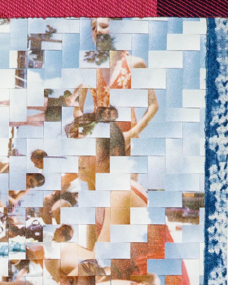 Johanna Norry, A Lesson in Impermanence (detail), 2023. 40cm x 40cm (16" x 16") each. Collage of handwoven cloth and woven photos on canvas, wood panels.