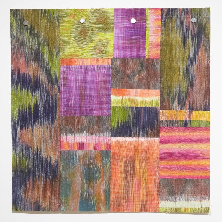 Johanna Norry, Parts Work II: Vestiges Reappearing, 2023. 60cm x 60 cm (23½" x 23½"). Weaving, piecing. Painted organic cotton.