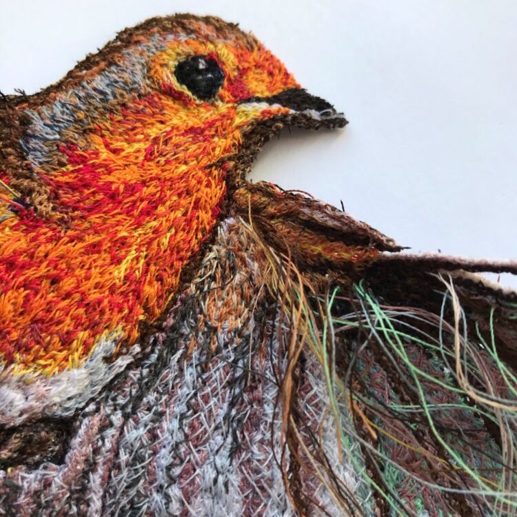 Alison Carpenter-Hughes, Robin in Flight (detail), 2020. Size unknown. Free motion embroidery. Thread. Photo: David Wilson Clarke.