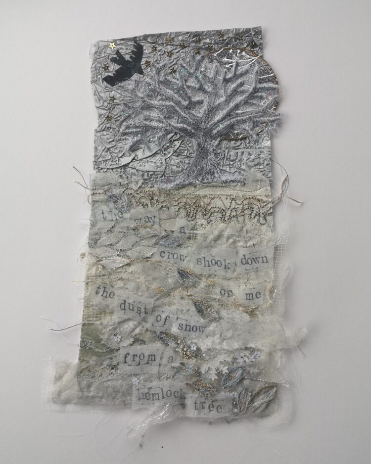 Angie Hughes, Crow in the Snow, 2024. 30cm x 15cm (12" x 6"). Machine embroidery, mixed media collage. Paper, net, heated organza, tissue paper, Lutradur, pelmet interfacing.