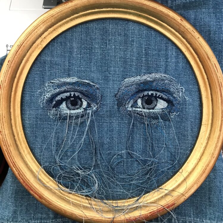 Alison Carpenter-Hughes, Filled Up with Blue, 2020. 23cm (9") diameter. Free motion embroidery. Thread on denim. 
