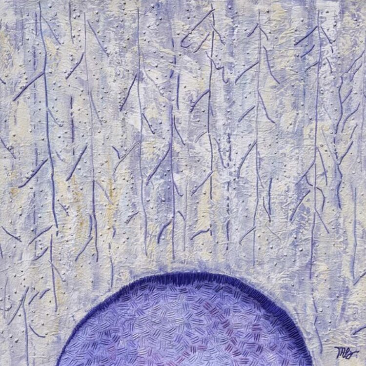 Mary Beth Schwartzenberger, Moonrise, 2020. 63cm x 63cm (25" x 25"). Painting and embroidery. Kyoseishi paper, acrylic paint, DMC stranded embroidery cotton. Photo: Zarek Dietz.