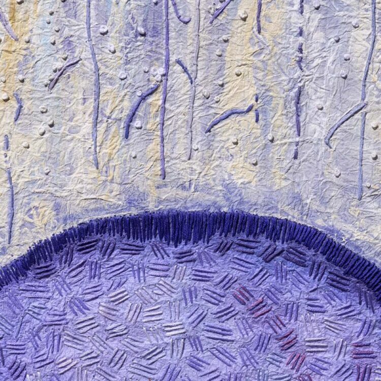 Mary Beth Schwartzenberger, Moonrise (detail), 2020. 63cm x 63cm (25" x 25"). Painting and embroidery. Kyoseishi paper, acrylic paint, DMC stranded embroidery cotton. Photo: Zarek Dietz.