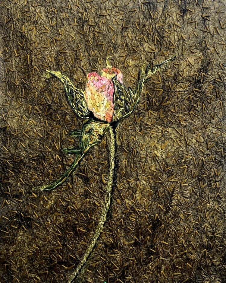 Mary Beth Schwartzenberger, Stitched Rose, 2024. 28cm x 38cm (11" x 15"). Painting, embroidery. Kyoseishi paper, Lumiere paint, acrylic paint, DMC stranded embroidery cotton.