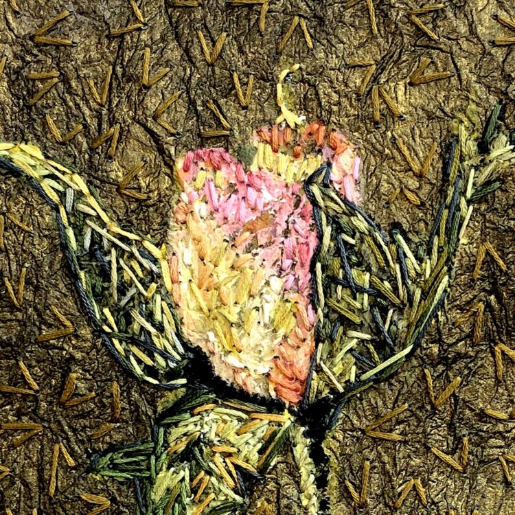 Mary Beth Schwartzenberger, Stitched Rose (detail), 2024. 28cm x 38cm (11" x 15"). Painting, embroidery. Kyoseishi paper, Lumiere paint, acrylic paint, DMC stranded embroidery cotton.
