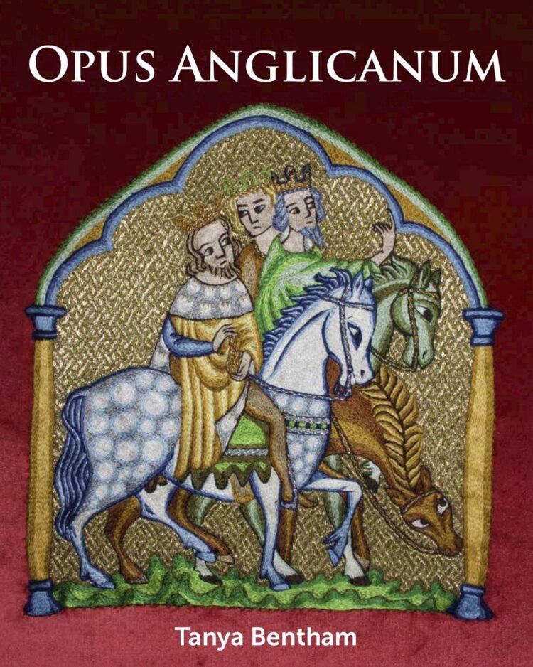 Tanya Bentham, Opus Anglicanum (shown on book cover), 2020. 30cm x 30cm (12" x 12"). Hand stitch, Silk, gold. Photo: Crowood Press.