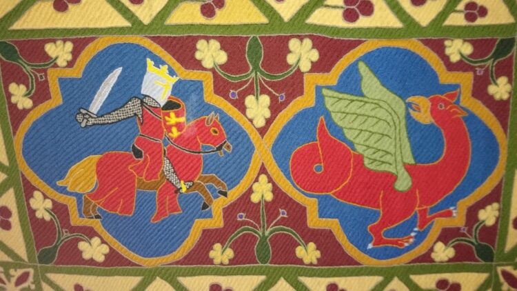 Tanya Bentham, Convent Stitch Panel, Knight and Dragon, 2016. 60cm x 100cm (24" x 39"). Convent stitch. Wool.