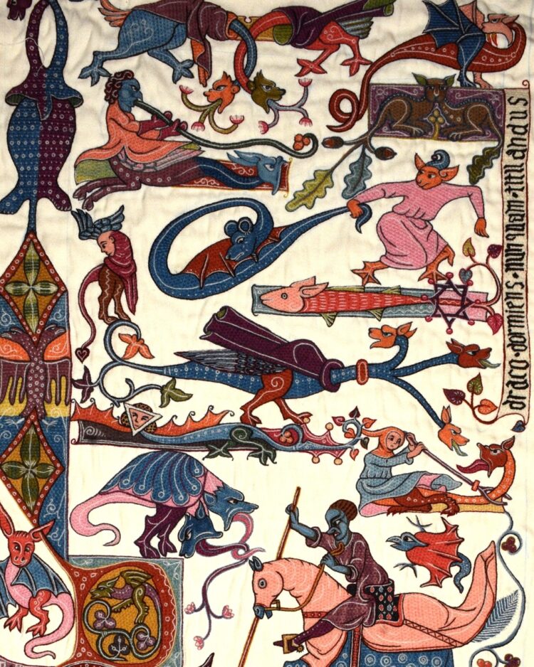 Tanya Bentham, Luttrell Dragon Fantasy (detail), 2013. 60cm x 150cm (24" x 59"). Laying, couching. Wool.