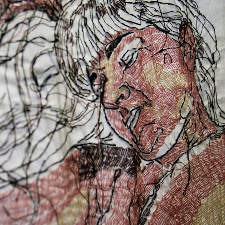 Ewa Cieniak, Wake Up Humans, Zuza (detail), 2023. 2.2m x 1.5m (7ft x 5ft). Hand embroidery. Repurposed cotton sheet, cotton thread.