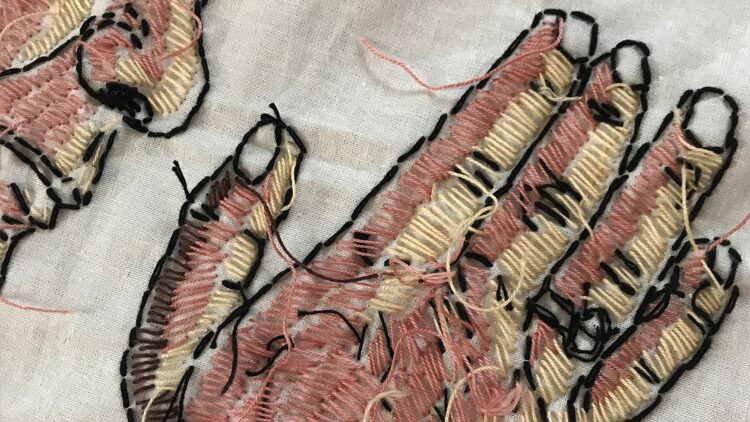 Ewa Cieniak, Wake Up Humans, Mary (detail), 2023. 2.2m x 1.5m (7ft x 5ft). Hand embroidery. Repurposed cotton sheet, cotton thread.