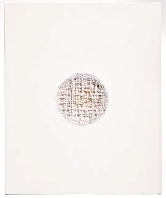 Atsuko Chirikjian, A Circle Within, 2014, 16"x20"x3" Thread, wire, gauze, canvas.