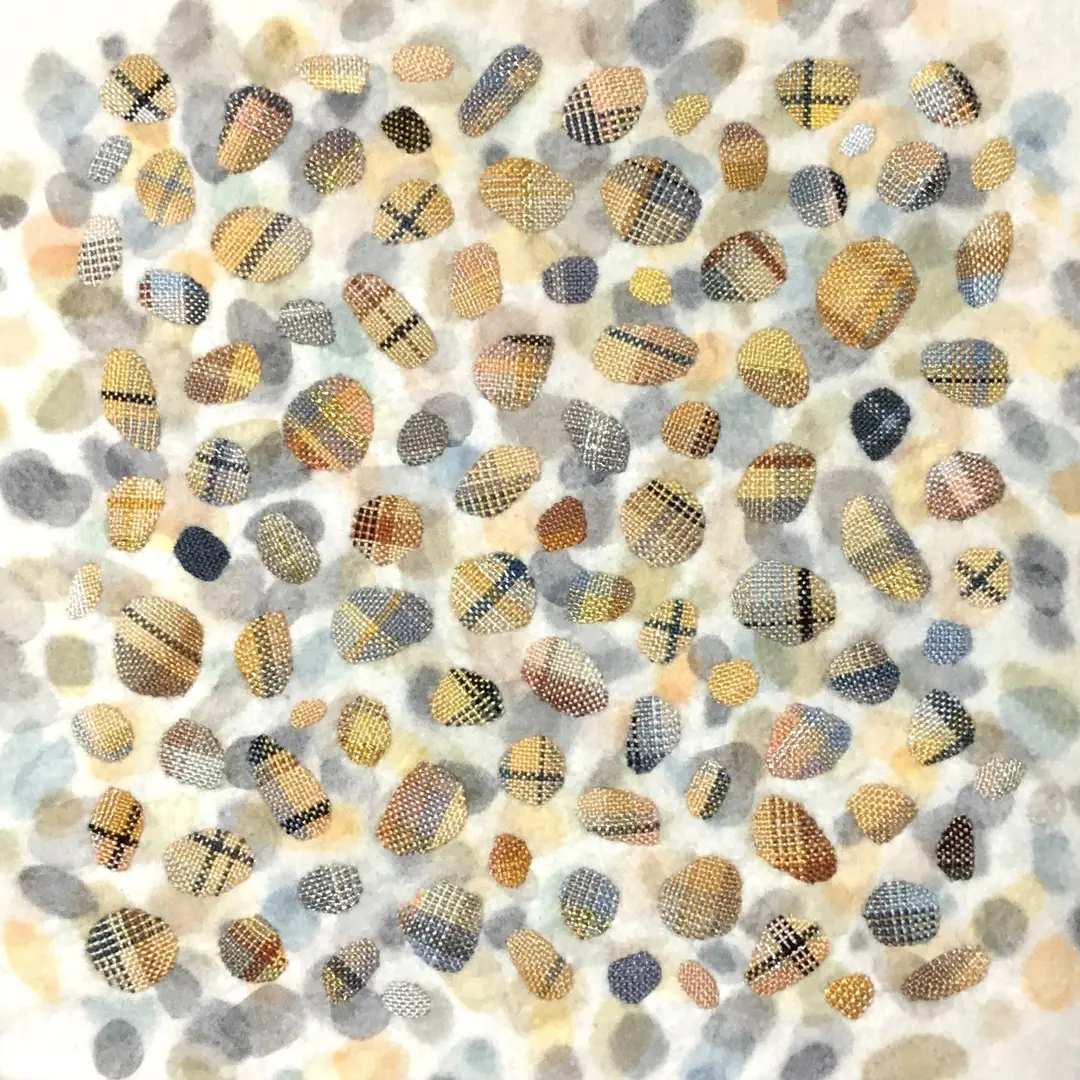 Elisabeth Rutt, Measureless, 2023. 26cm x 26cm (10" x 10"). Original transfer printed design, surface darning. Cotton, cotton organdie, perlé cotton threads.