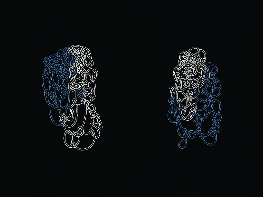 Anouk Desloges: Am I Yours You Are Mine, 2012, Hand stitched embroidery on acrylic and latex paint