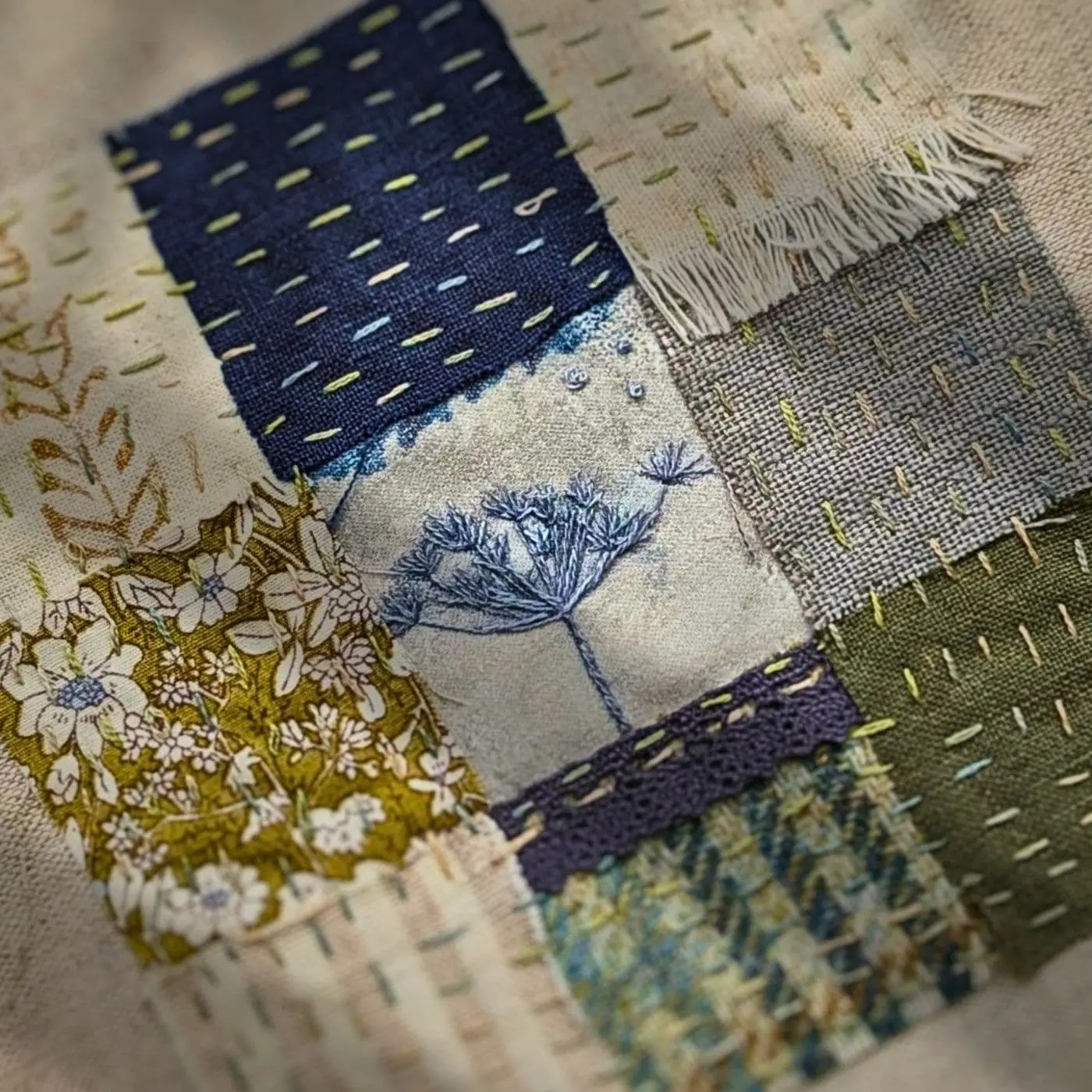 A detail of a square stitched textile sample