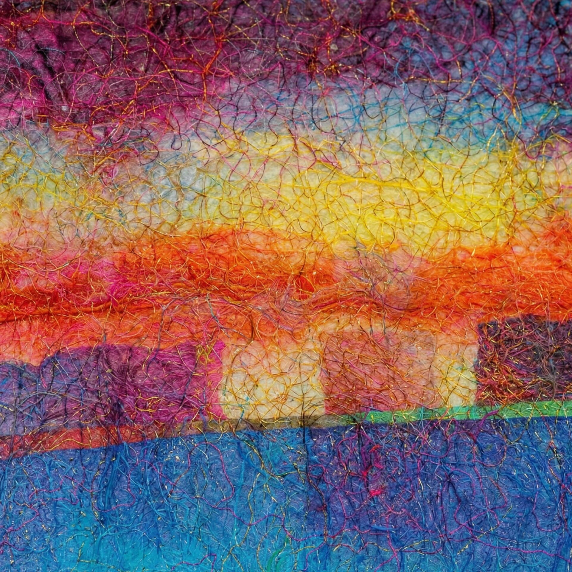 Vibrant abstract landscape with textured layers.