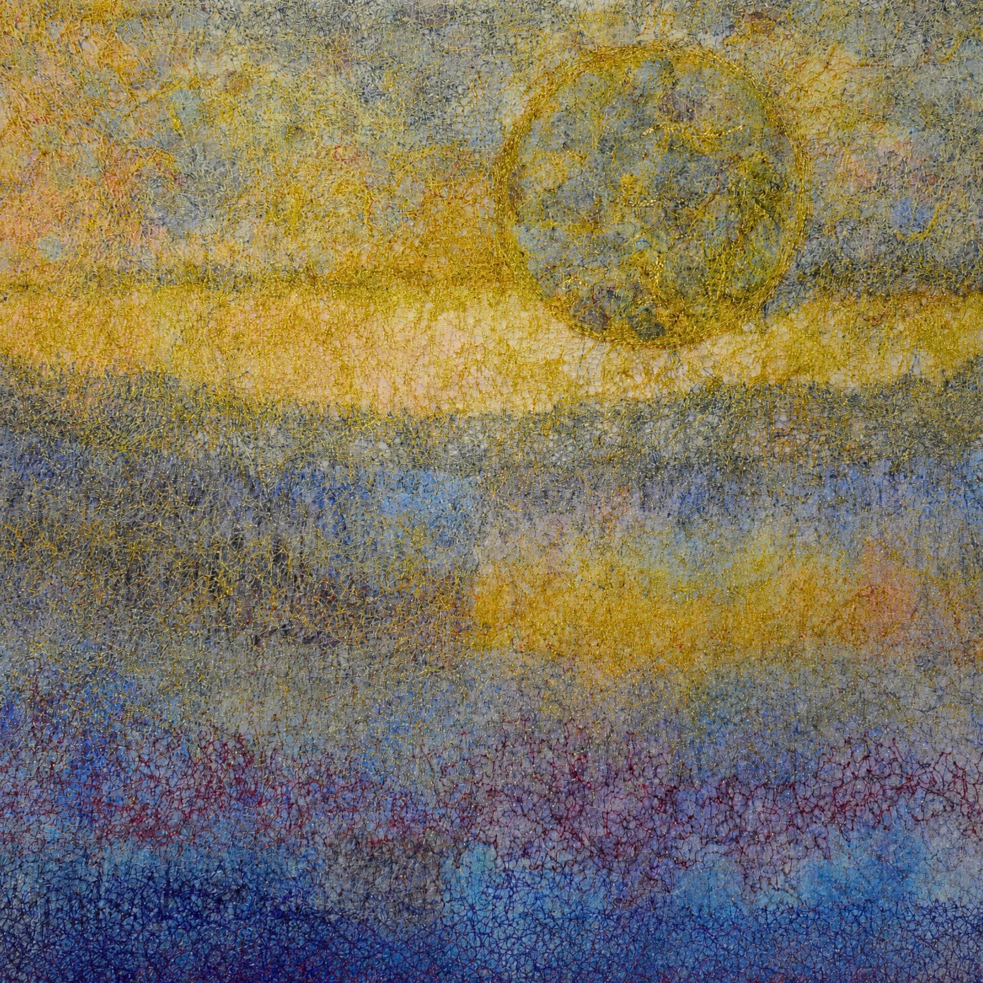 Abstract textured landscape with moon and colours.