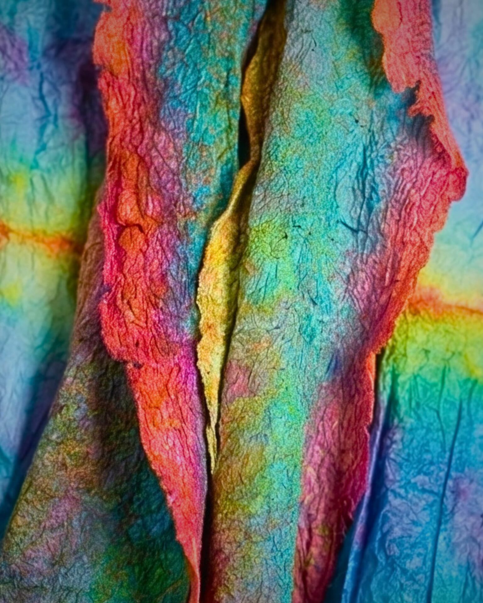 Vibrant, textured, multicoloured fabric dress close-up.